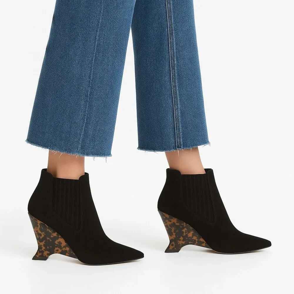 DIOR Optic-D Black Suede Chelsea Ankle Boot 37.5 Sculpted Tortoiseshell Wedge